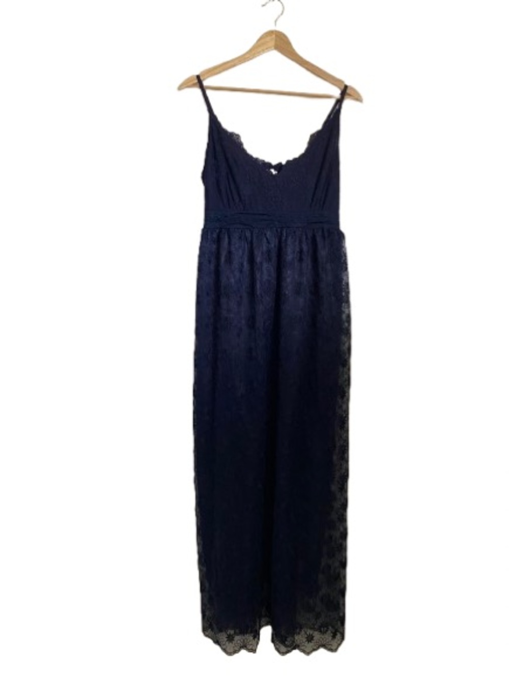 Molly Bracken Navy Floral Lace Maxi Dress – Elegant Scalloped V-Neck | Size M/L